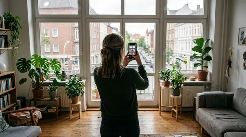 Frau fotografiert ihre Wohnzimmerfenster mit dem Smartphone für eine Anfrage