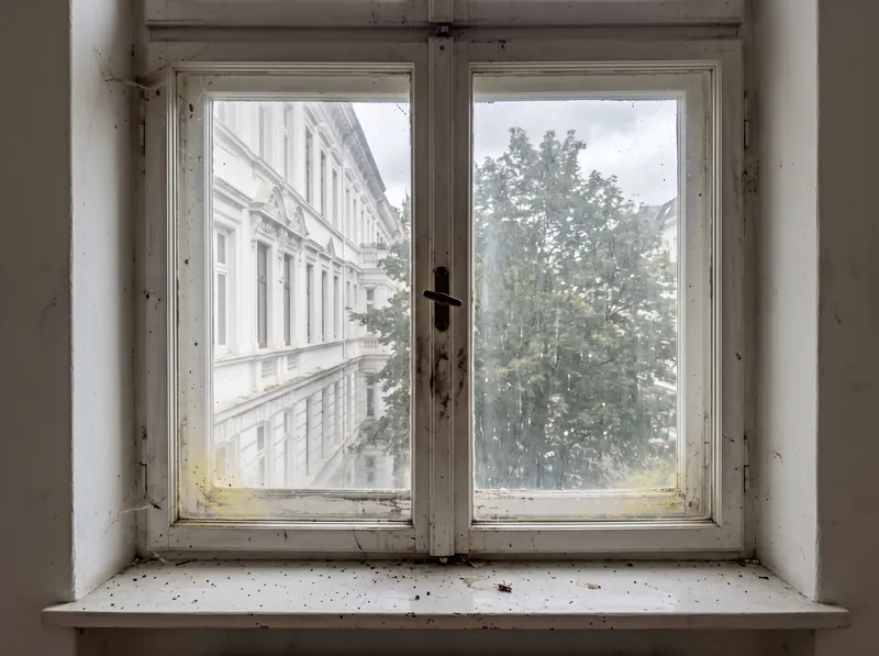 Altbaufenster vor der Reinigung: grauer Film und Regenflecken auf dem Glas, Schmutz im Rahmen, Insekten auf der Fensterbank