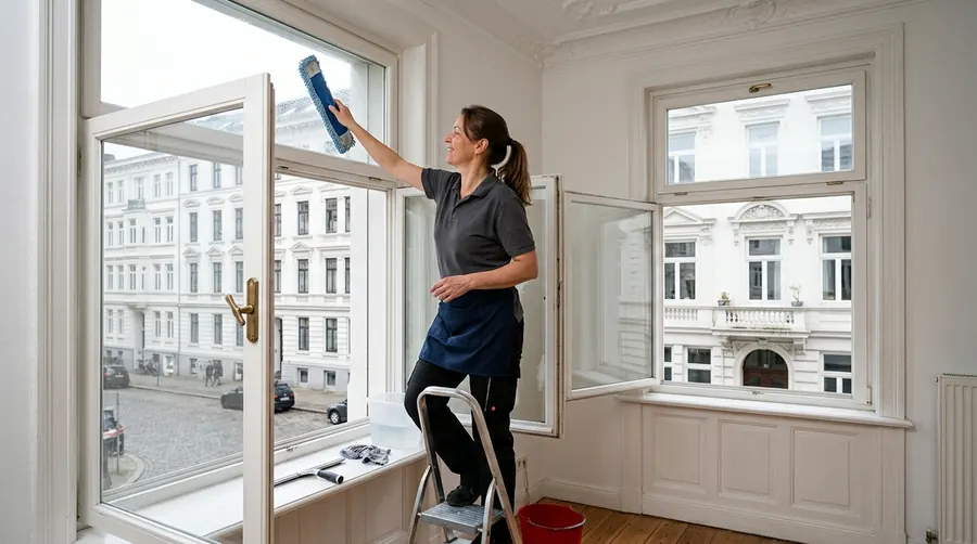 Fensterreinigung in einer Hamburger Altbauwohnung: Reinigungskraft wäscht die obere Scheibe eines Kastenfensters ein