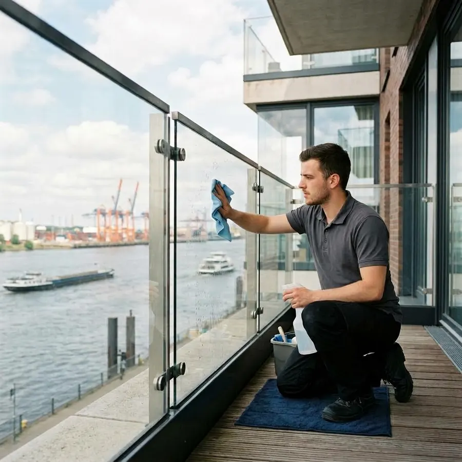 Glasgeländer eines Balkons in der HafenCity wird mit einem Mikrofasertuch gereinigt, im Hintergrund die Elbe