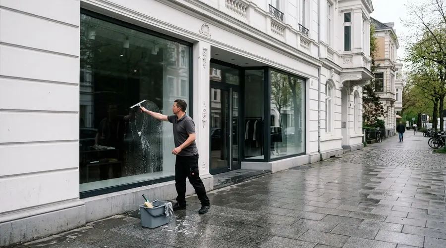 Schaufensterreinigung in Hamburg: Glasreiniger zieht am frühen Morgen das Schaufenster einer Boutique ab